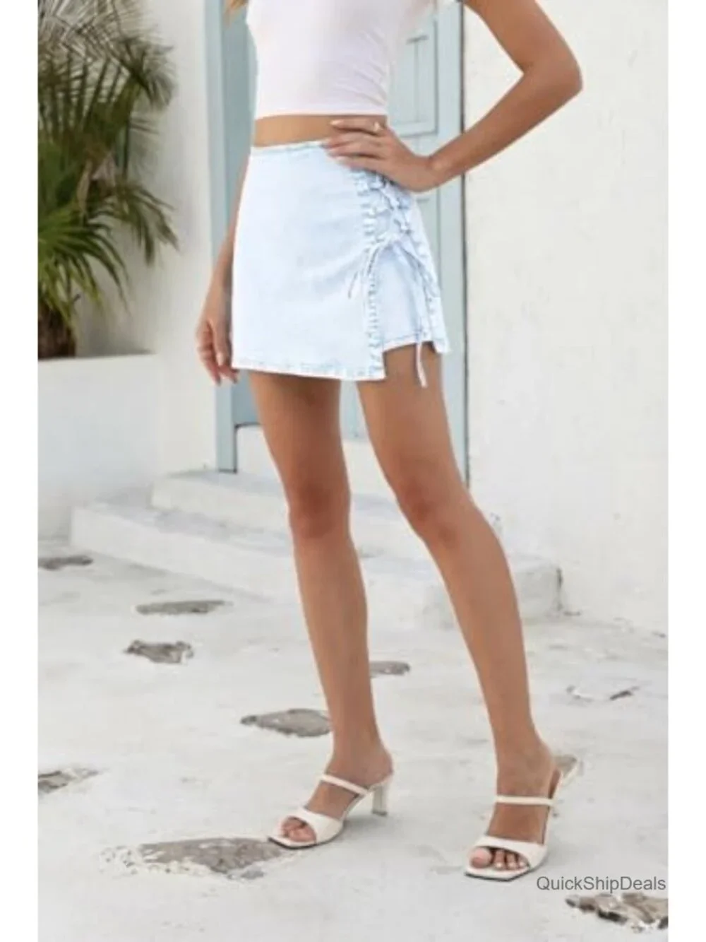 Y2K Stretch Denim Skort Lace Up Mini High Waisted White
